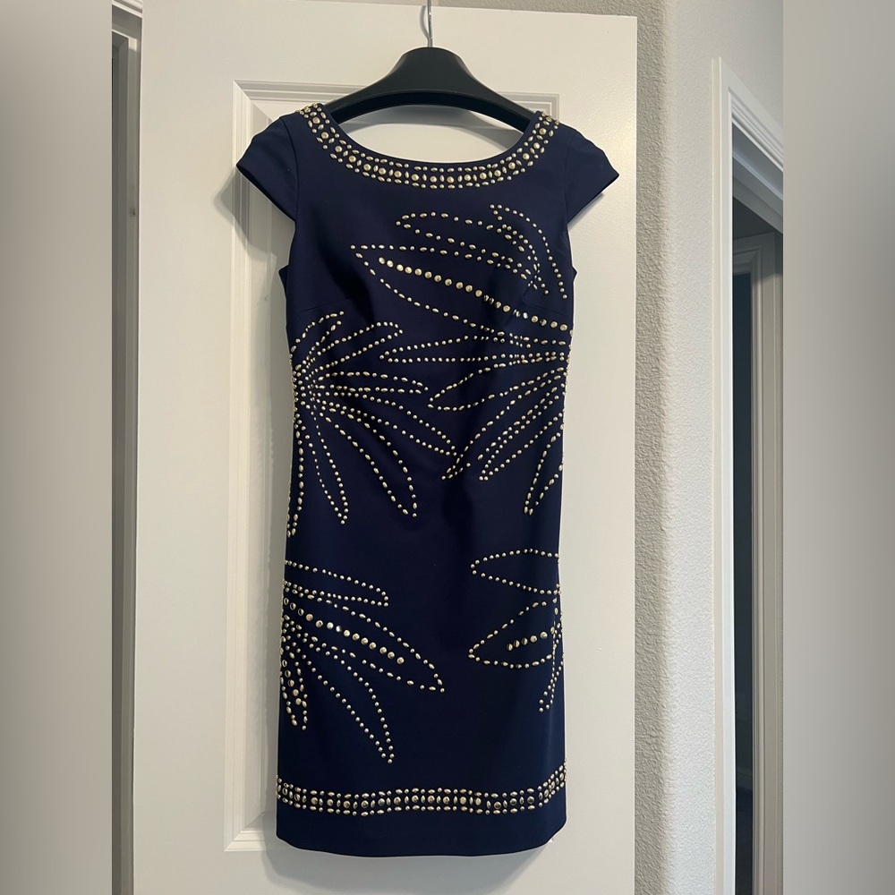 Navy Lilly Pulitzer sheath dress with gold accents